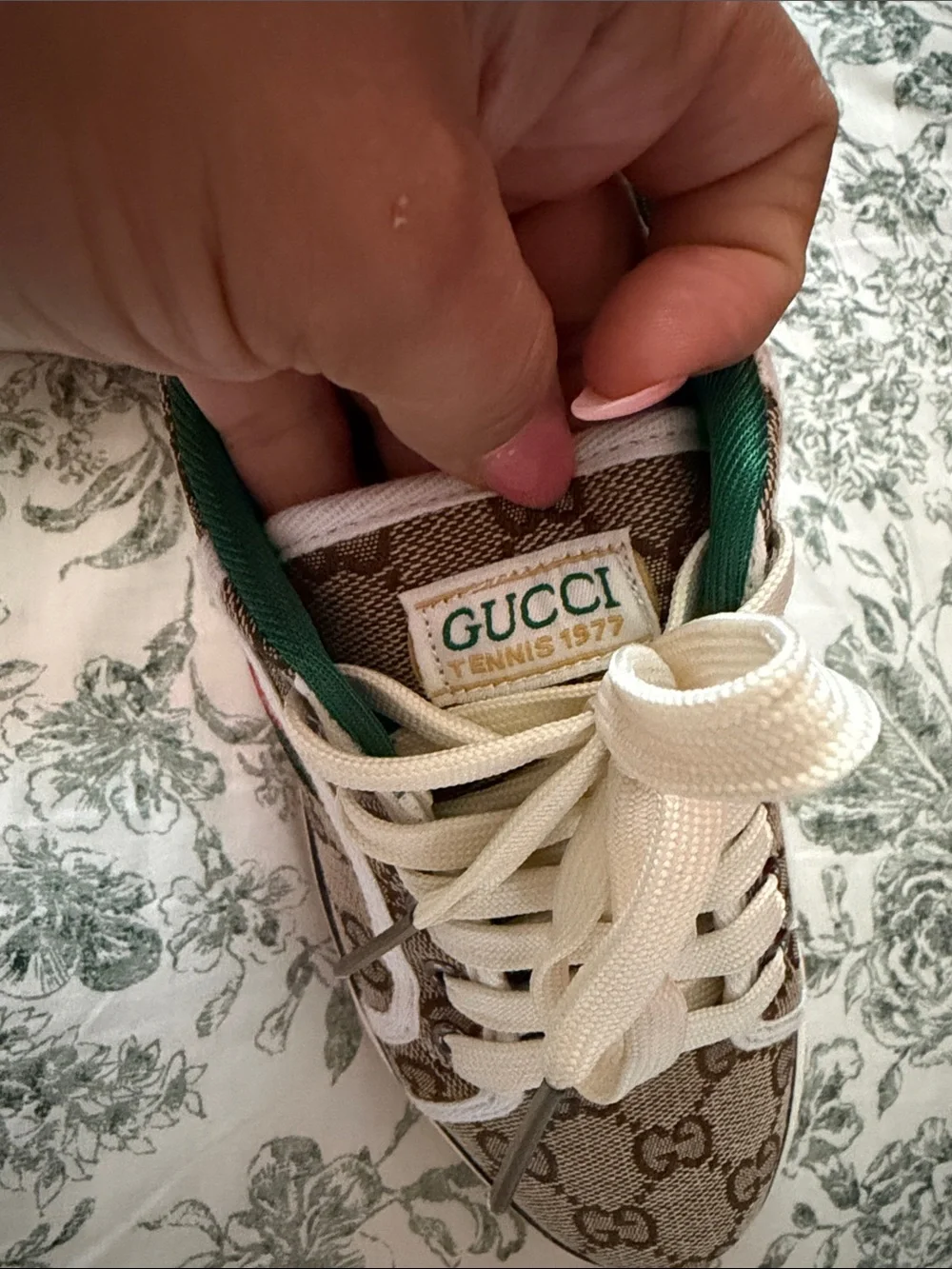 Beige GG Canvas Sneakers with Green Trim and Red Web Stripe - Picture 5 of 5